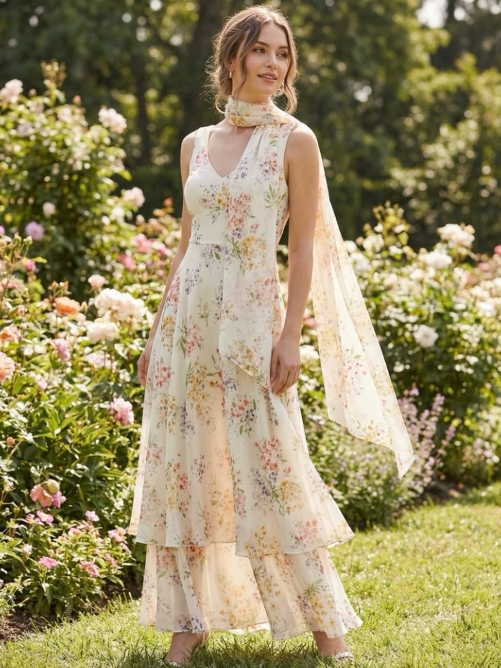Vintage 90s Kay Unger Silk Floral Tiered Dress with Matching Scarf/Wrap. Size 8